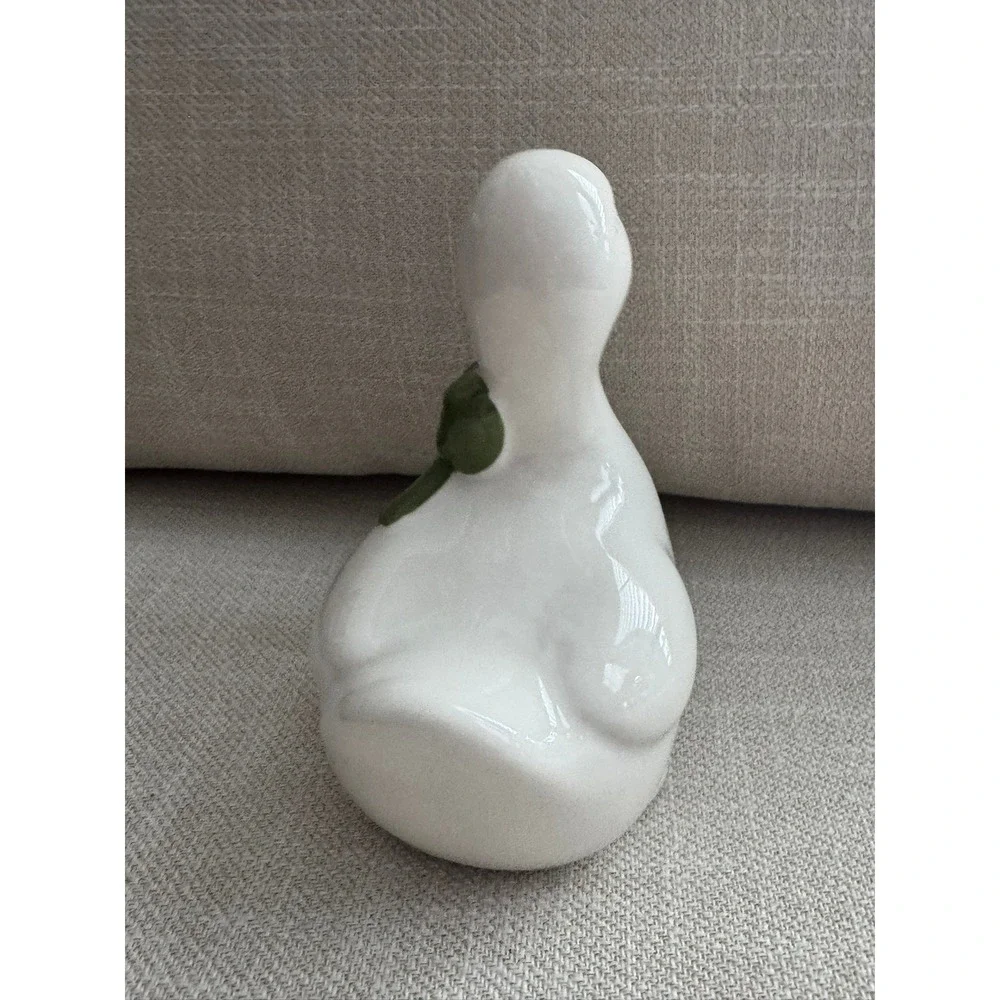 Ceramic Duck Figurine White Green Floral Embossed Cottagecore Decor 6 inch